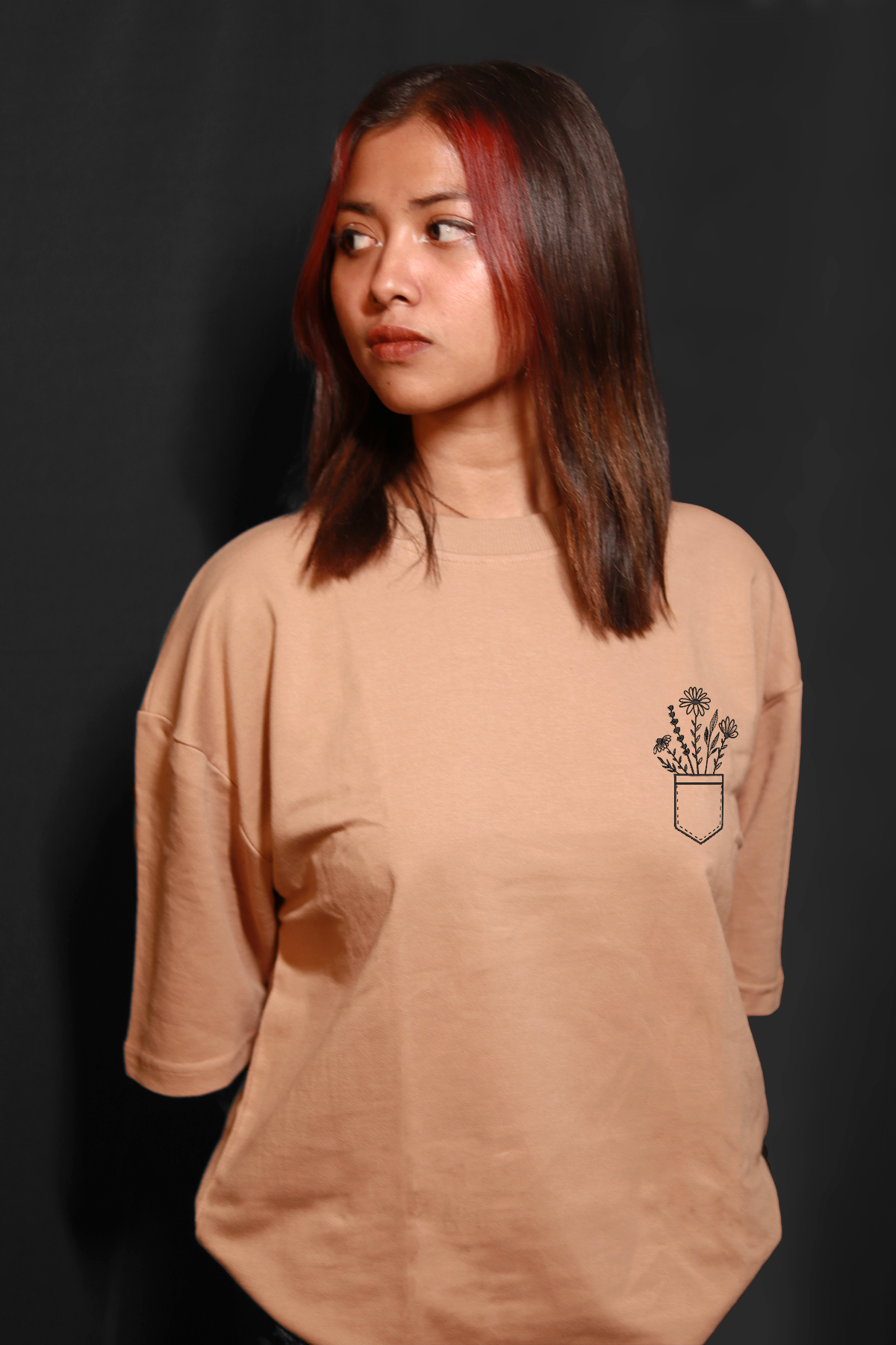 Pocket Flowers Tee Beige Oversized Tshirt l Embroidered