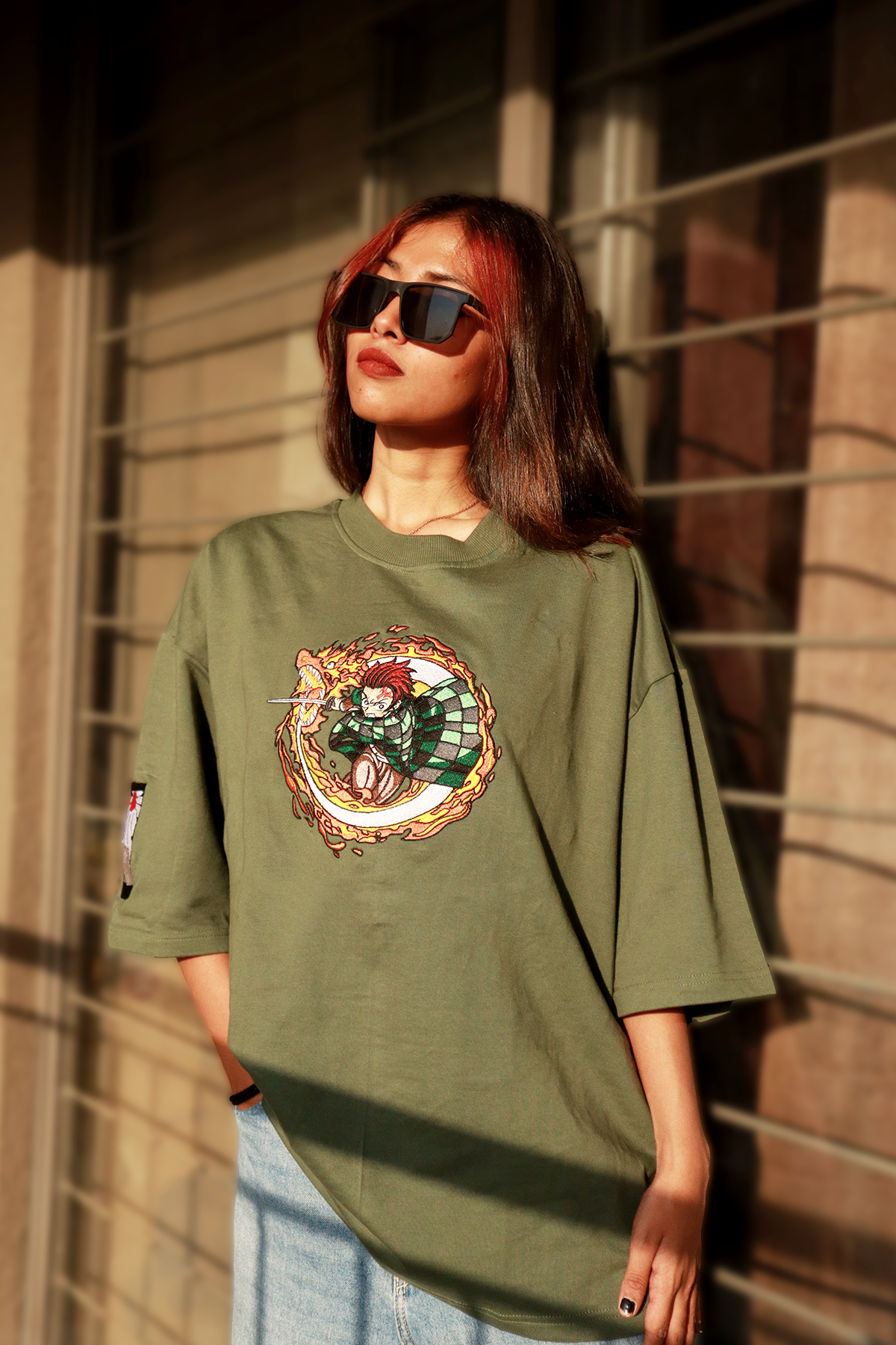 Tanjiro's Hinokami Kagura Sage Green Oversized Tshirt l Embroidered